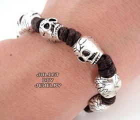 Skull silver bead hemp cord bracelet 
