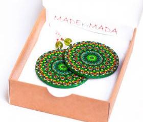 Peacock Round dangle Earrings - green red blue - decoupage earrings - double faced 