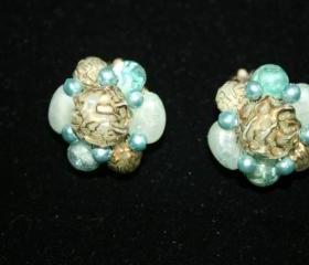 Vintage Clip Earrings .. Blue and Gold Acrylic Beads .. Hong Kong