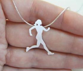 Sterling Silver Runner Neckalace pendant, Running woman silhouette, Sport Jewelry, Hand Cut