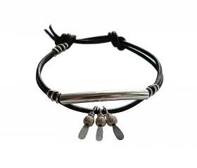 Leather Wrap Stacking Bracelet in Black and Sterling Silver