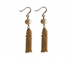 Ivory Freshwater Pearl and Yellow Gold Plated Tassel Dangle Earrings