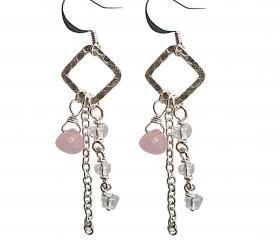 PInk, Clear Crystal, Chain, and Hammered Silver Earrings. Wire Wrapped Pink Chalcedony Onion Briolette Earrings