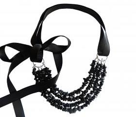 Bib Layered Necklace in Black Jade with Ribbon Tie