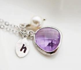 Wedding Jewelry Bridesmaid Jewelry Bridesmaid Necklace Personalized Initial necklace - Dark Lilac glass drop and leaf with swarovski pearl