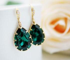 Wedding Jewelry Bridal Earrings Bridesmaid Earrings cubic zirconia ear wires and Emerald Swarovski Crystal Tear drops