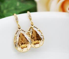 Bridal Earrings Bridesmaid Earrings cubic zirconia ear wires and Golden Shadow Swarovski Crystal Tear drops