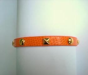 Studded Orange Leather Bracelet - Pyramid and Round Studs - 8mm Bracelet - Adjustable