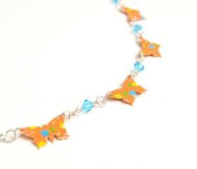 Necklace with orange paper butterflies and turquoise crystals 