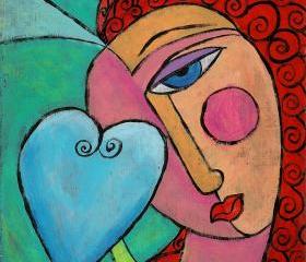 Hand Painted Ceramic Art Tile - Abstract Portrait Painting of A Woman with A Heart