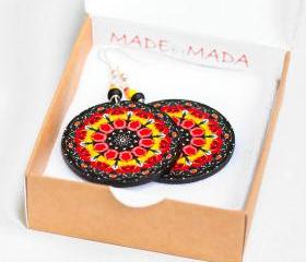 Folk Earrings Rosette Mandala - Yellow Red Black - decoupage earrings - double faced