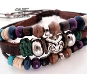 Silver owl charm multi strand leather bracelet 