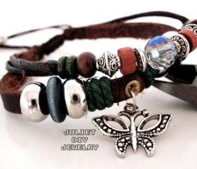 Silver butterfly charm leather bracelet 
