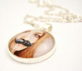 Girl with the moustache necklace, round glass pendant 