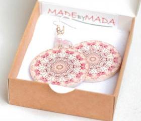 Delicate pink Rosette Round - decoupage earrings - double faced 