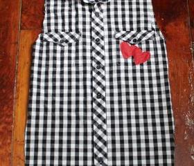 Reconstructed Black and White Punk Rock Top with Red Hearts