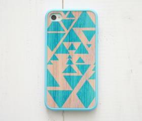 iPhone 4, 4S Case - Triangle Geometric / Teal on Wood