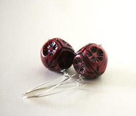 burgundy earrings - modern geometrical with black flowers autumn colors