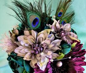  Peacock Wedding Flowers, Purple Silk Bridal Bouquet Teal