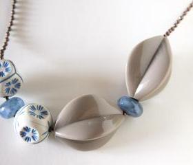 denim and cappuccino necklace - vintage beads geometry - handmade glass beads