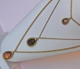 Vintage Triple Strand Goldette Style Amber Glass Tear Drop Necklace