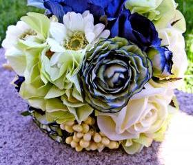Navy Blue Bridal Bouquet, Green Wedding Flowers