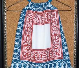 Girl's smock apron style dress or tunic in white cotton with rusty red and teal Moroccan mosaic sytle print in 2 /3 T