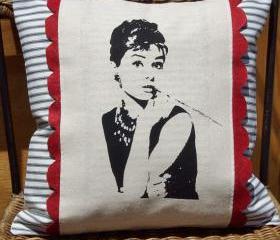 Decorative Throw Pillow Cushion Cover with Hollywood Glam Audrey Hepburn Screen Print and Red Hand Cut Felt Scallop Trim