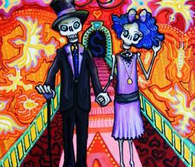 Calavera Wedding - Day of the Dead Art Print - Sugar Skull mexican folk painting