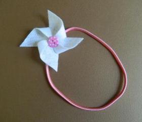 White and Pink Polka Dot Pinwheel Headband