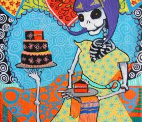 Skeleton Cupcake Baker, 50s Pin Up Rockabilly Day of the Dead Calavera Art Print
