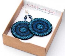 Denim color Earrings Round - Shades of blue - decoupage earrings - double faced