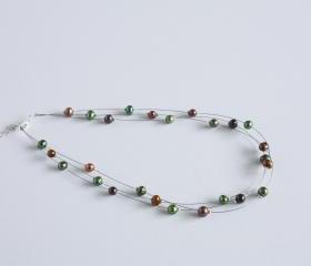 Multi-strand floating illusion necklace green and brown freshwater pearls, Gaia.