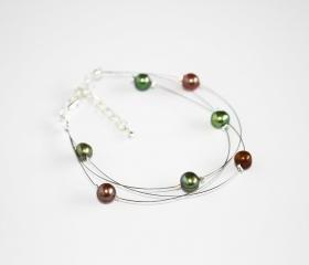Floating multi strand illusion bracelet, green and brown freshwater pearls, Gaia.