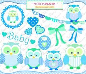 Baby Owl Boy - Clipart - Baby Shower - Printables - Personal and Commercial Use - 300dpi - 1365