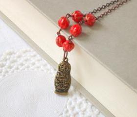 Red beauty necklace - 'Treasures' collection, Matryoshka Charm necklace, vintage style jewelry