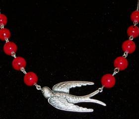 Flying Free Silver Swallow with Red Fossil Beads Beaded Necklace