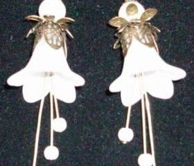 Earrings White Trumpet Flowers with Bronze Findings