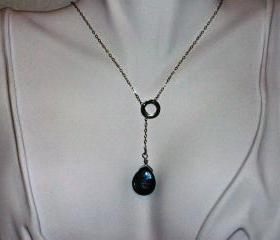 Delicate Sterling Silver Lariat Necklace with Larkavite Pendant Drop