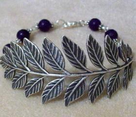 Bracelet Antiqued Leaf with Purple Amethyst Gemstone Beads Faceted Round 8 mm Russian
