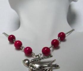 Flying Free Silver Swallow with Fuschia Fossil Beads Beaded Necklace