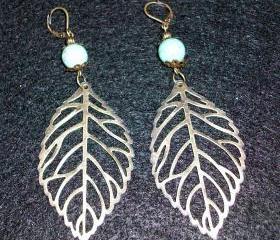 Earrings Turquoise and Bronze Leaf Long Dangle