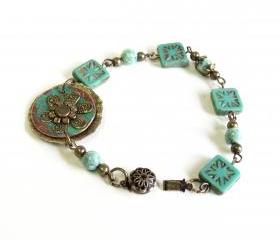 Mint Green Picasso Czech glass beaded bracelet with mint green fossil beads