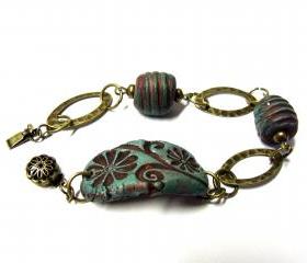 Floral clay bracelet turquoise and burgundy rustic style clay and antique brass beaded bracelet