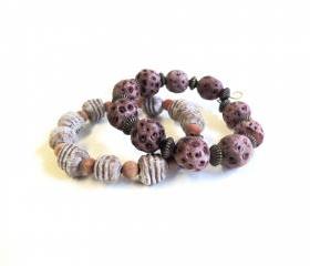 Pink and brown beaded bracelet with rustic clay beads and wood set of 2