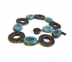 Green Picasso Czech glass beaded bracelet with textured antique brass links