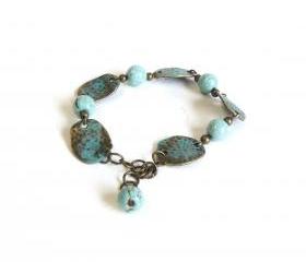 Patina bracelet turquoise beaded bracelet with hammered antique brass links