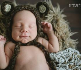 Baby Boy Bear Hat - Halloween Costume - Newborn Photography Prop - Brown Baby Bonnet