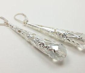 Long Silver Wedding Earrings Clear Victorian Style Jewelry Wedding Earrings
