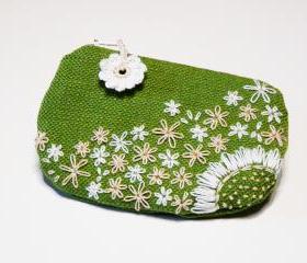 Embroidery green purse White and beige flowers Unique pouch